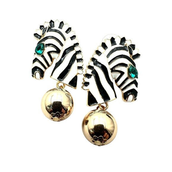 Womens Earrings Pierced Zebra Black White Enamel Green Rhinestone - Picture 1 of 3